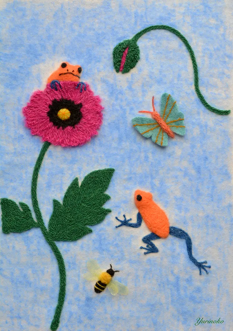 カエルとポピーのフェルトイラスト