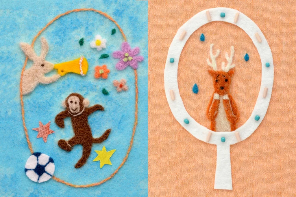 さるうさぎ鹿の羊毛フェルトイラスト