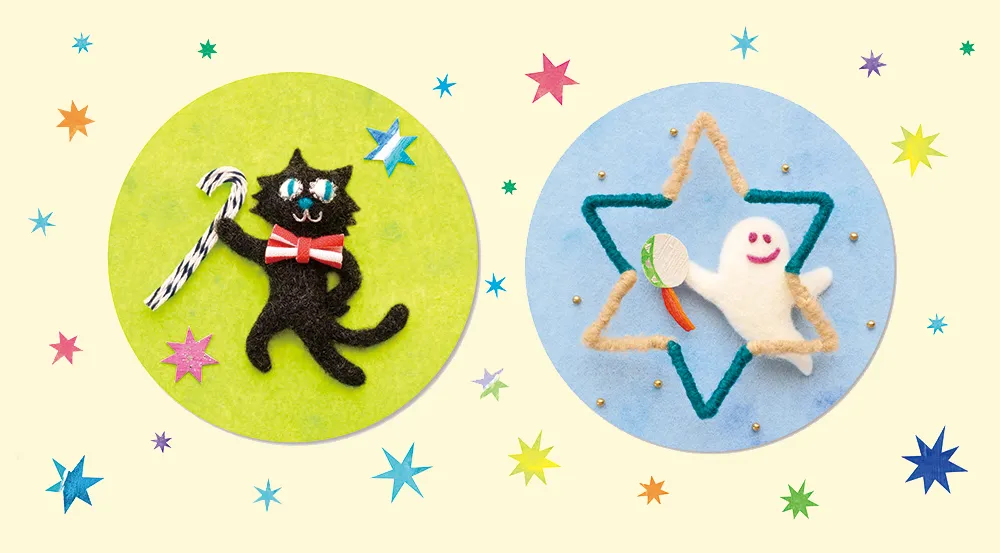 ヤマハ黒猫とおばけの羊毛フェルトイラスト