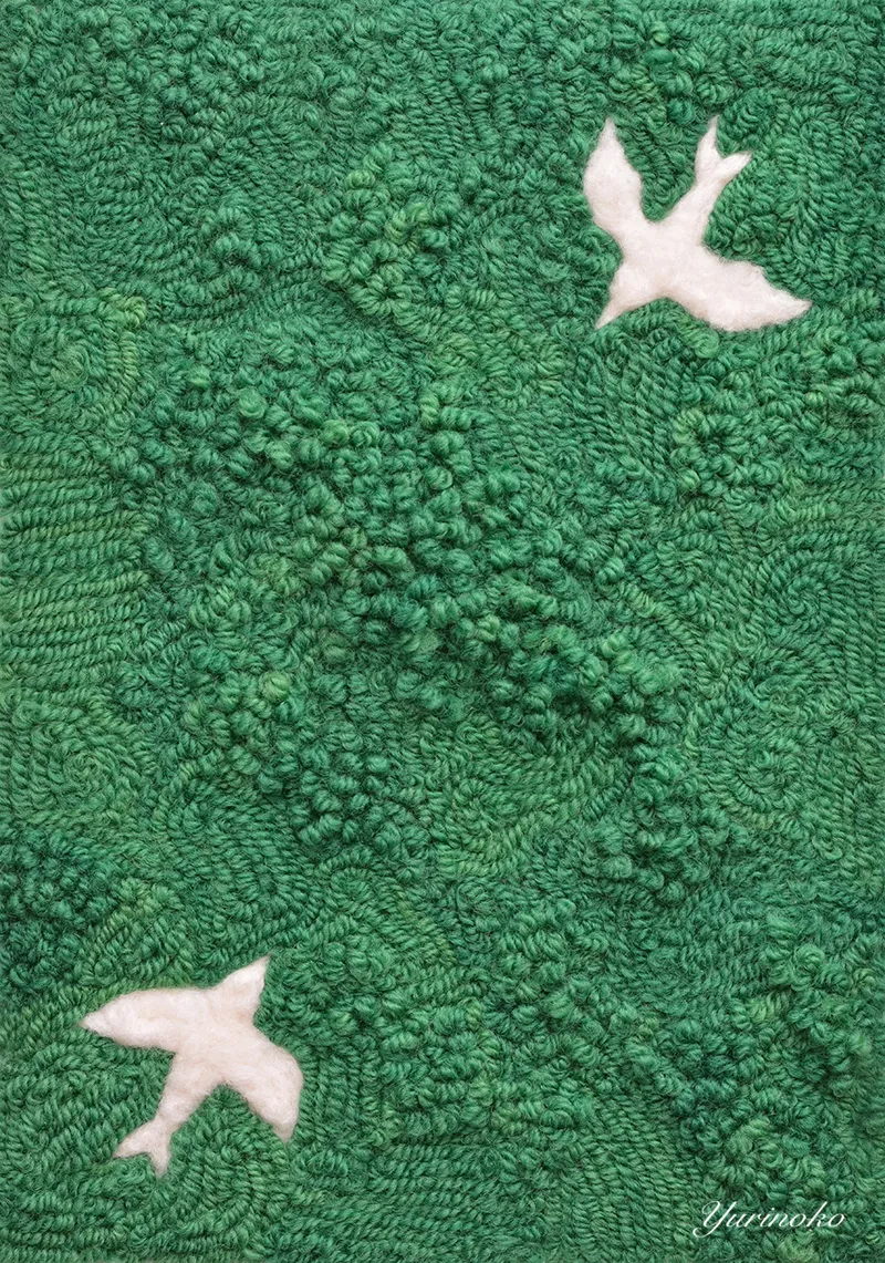 森と白い鳥のフェルトと毛糸のイラスト