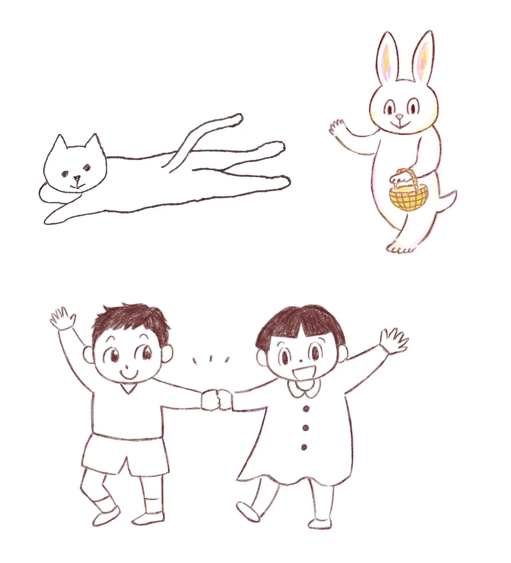 猫とウサギと男の子と女の子の線画イラスト